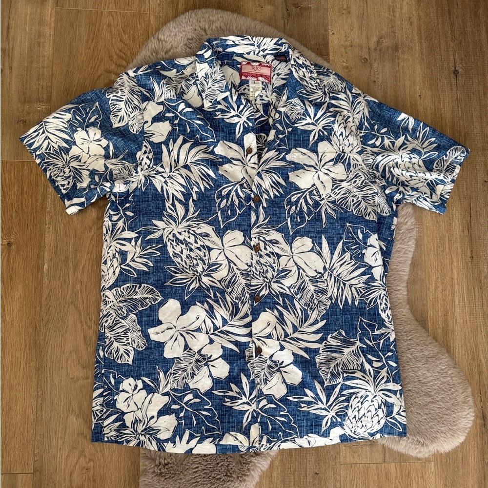 🟢3/$30 Vintage RJC Hawaiian Shirt Tropical Blue Large Like New Style103C